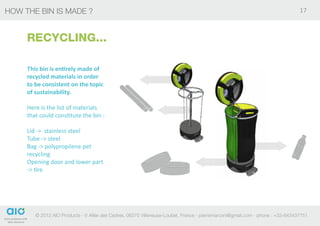 HOW the bin is made ?                                                                                                          17



     RECYCLING...

     This bin is entirely made of
     recycled materials in order
     to be consistent on the topic
     of sustainability.

     Here is the list of materials
     that could constitute the bin :

     Lid -> stainless steel
     Tube -> steel
     Bag -> polypropilene pet
     recycling
     Opening door and lower part
     -> tire




        © 2012 AIO Products - 6 Allée des Cedres, 06270 Villeneuse-Loubet, France - pierremarconi@gmail.com - phone : +33-643437751
 