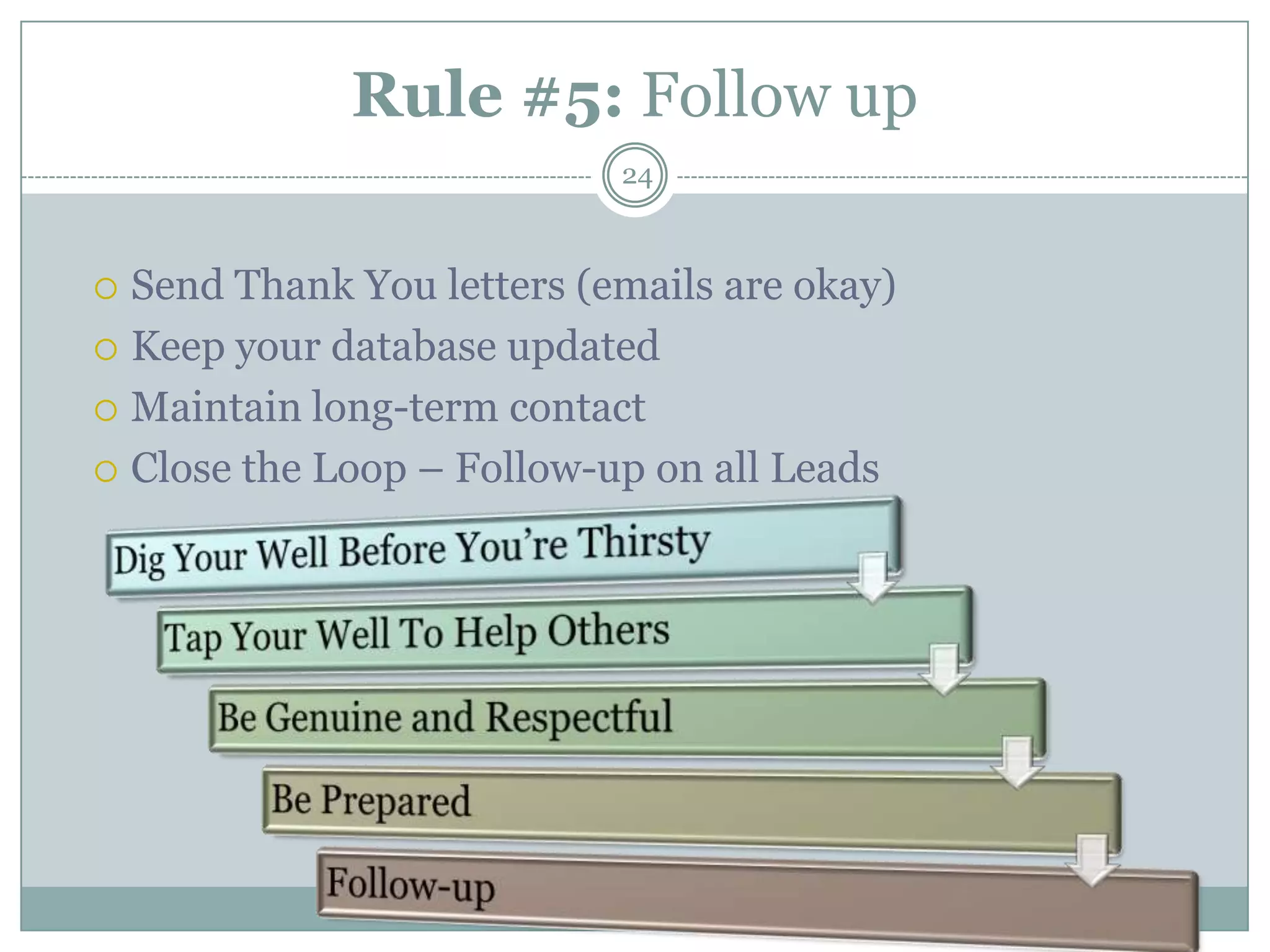 Rule #5: Follow up
                           24



 Send Thank You letters (emails are okay)
 Keep your database updated

 Maintain long-term contact

 Close the Loop – Follow-up on all Leads
 