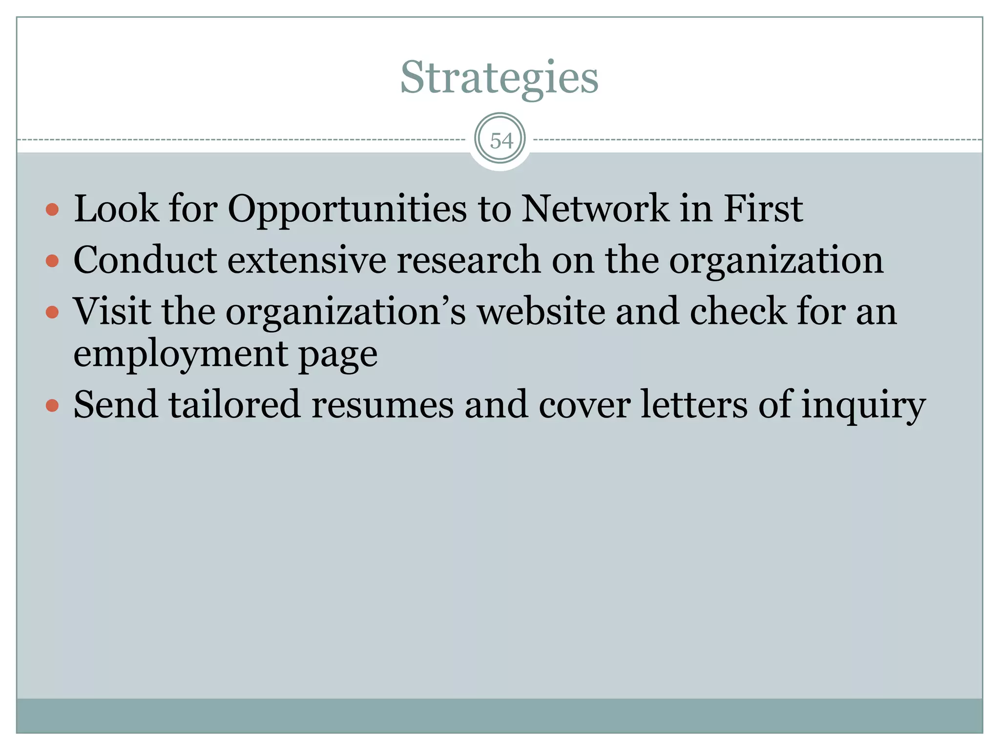 Strategies
                          54


 Look for Opportunities to Network in First
 Conduct extensive research on the organization
 Visit the organization‘s website and check for an
  employment page
 Send tailored resumes and cover letters of inquiry
 