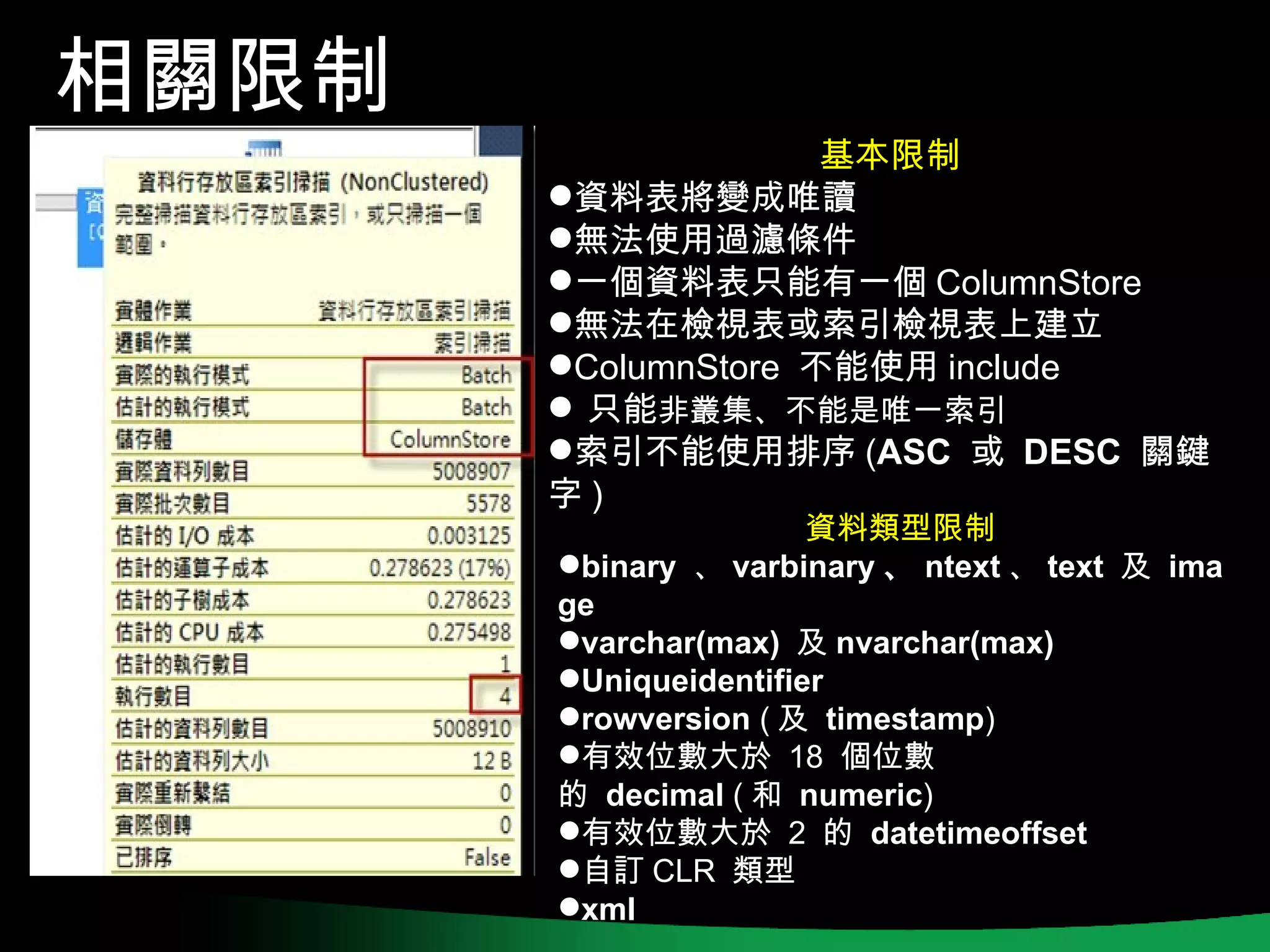 相關限制
                     基本限制
       資料表將變成唯讀
       無法使用過濾條件
       一個資料表只能有一個 ColumnStore
       無法在檢視表或索引檢視表上建立
       ColumnStore 不能使用 include
        只能非叢集、不能是唯一索引
       索引不能使用排序 (ASC 或  DESC 關鍵
       字)
                       資料類型限制
       binary 、 varbinary 、 ntext 、 text 及  ima
       ge
       varchar(max) 及 nvarchar(max)
       Uniqueidentifier
       rowversion ( 及  timestamp)
       有效位數大於 18 個位數
       的  decimal ( 和  numeric)
       有效位數大於 2 的  datetimeoffset
       自訂 CLR 類型
       xml
 