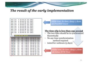 The result of the early implementaiton


                           while true; do date; sleep 1; done
                           on FreeBSD Guest	


                    The time-slip is less than one second
                    -  The two OSes should be in synchronized
                       theoretically
                    -  No any time-synchronization
                             method required
                    -  tested for 120hours (5 days)


                           while true; do date; sleep 1; done
                    	
     on Linux KVM Host	


                                                           23
 