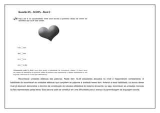 Questão 05 – 92,89% - Nível 2




        Reconhecer unidades silábicas das palavras. Neste item 10,29 estudantes alocados no nível 2 responderam corretamente. A
habilidade de reconhecer as unidades silábicas que compõem as palavras é avaliada nesse item. Anterior a essa habilidade, os alunos desse
nível já deveriam demonstrar o domínio da constituição da natureza alfabética do sistema de escrita, ou seja, reconhecer as unidades menores
da fala representada pelas letras. Essa lacuna pode se constituir em uma dificuldade para o avanço da aprendizagem da linguagem escrita.
 