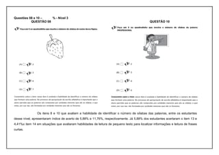 Questões 08 e 10 –   % - Nível 3
          QUESTÃO 08                                                                           QUESTÃO 10




                Os itens 8 e 10 que avaliam a habilidade de identificar o número de sílabas das palavras, entre os estudantes
desse nível, apresentaram índice de acerto de 5,88% e 11,76%, respectivamente. Já 5,88% dos estudantes acertaram o item 13 e
4,41%o item 14 em situações que avaliaram habilidades de leitura de pequeno texto para localizar informações e leitura de frases
curtas.
 