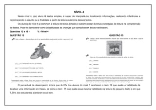 NÍVEL 4
       Neste nível 4, o(a) aluno lê textos simples, é capaz de interpretá-los, localizando informações, realizando inferências e
reconhecendo o assunto ou a finalidade a partir da leitura autônoma desses textos.
       Os alunos do nível 4 já dominam a leitura de textos simples e sabem utilizar diversas estratégias de leitura na compreensão
de textos. Pode-se considerar como alfabetizadas as crianças que consolidaram essas habilidades.
Questões 12 e 15 –         % - Nível 4
QUESTÃO 12                                                                                         QUESTÃO 15




       O percentual de desempenho indica que 4,41% dos alunos do nível 1 acertaram o item 12 que avalia a habilidade de
localizar uma informação em frases, tal como o item 15 que avalia essa mesma habilidade na leitura de pequeno texto e em que
7,35% dos estudantes acertaram esse item.
 