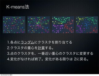 K-means法




       1.各点にランダムにクラスタを割り当てる
       2.クラスタの重心を計算する。
       3.点のクラスタを、一番近い重心のクラスタに変更する
       4.変化がなければ終了。変化がある限りは 2に戻る。



2012年3月27日火曜日
 