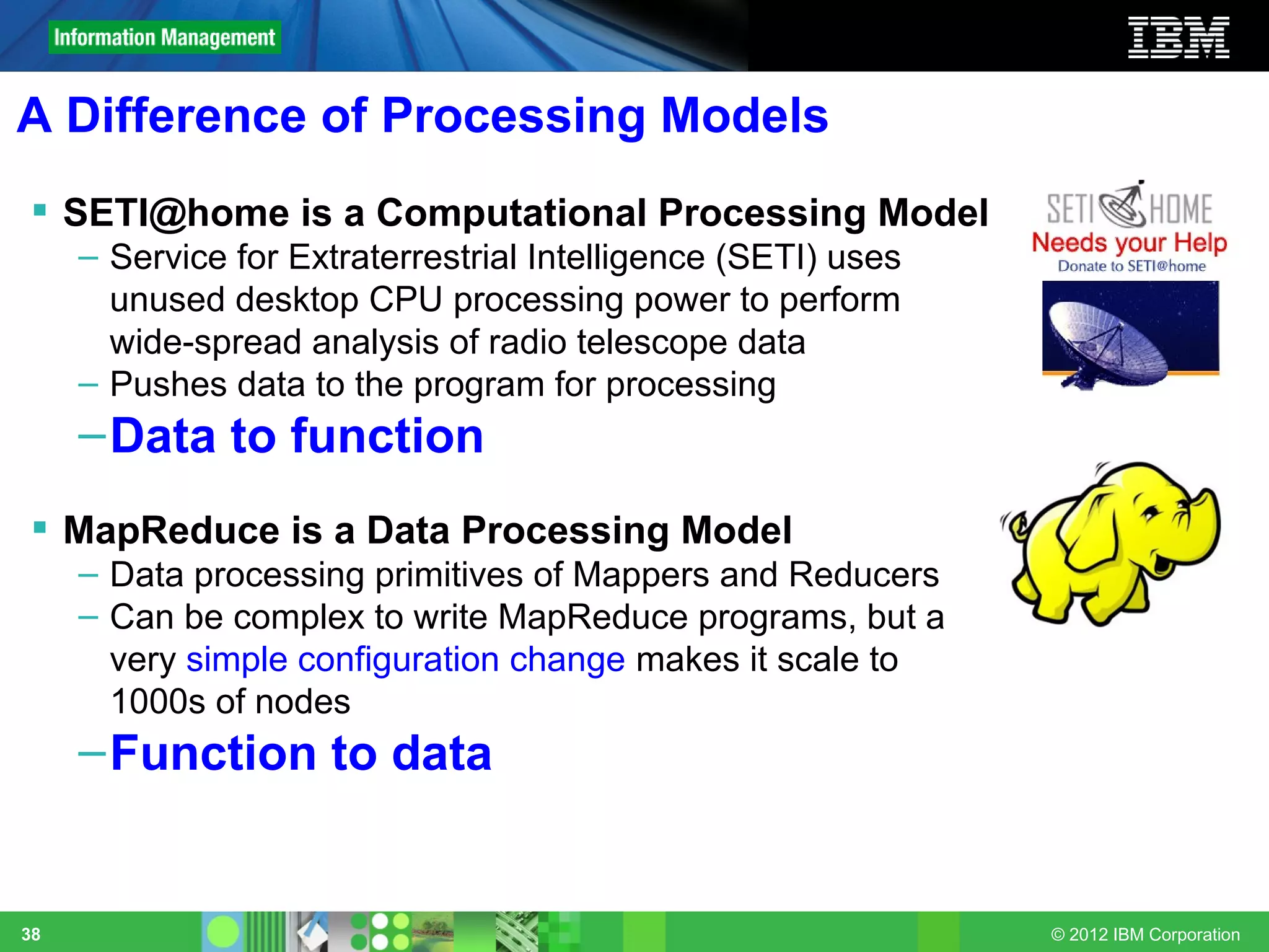 A Difference of Processing Models
  SETI@home is a Computational Processing Model
     – Service for Extraterrestrial Intelligence (SETI) uses
       unused desktop CPU processing power to perform
       wide-spread analysis of radio telescope data
     – Pushes data to the program for processing
     – Data to function
  MapReduce is a Data Processing Model
     – Data processing primitives of Mappers and Reducers
     – Can be complex to write MapReduce programs, but a
       very simple configuration change makes it scale to
       1000s of nodes
     – Function to data


38                                                             © 2012 IBM Corporation
 