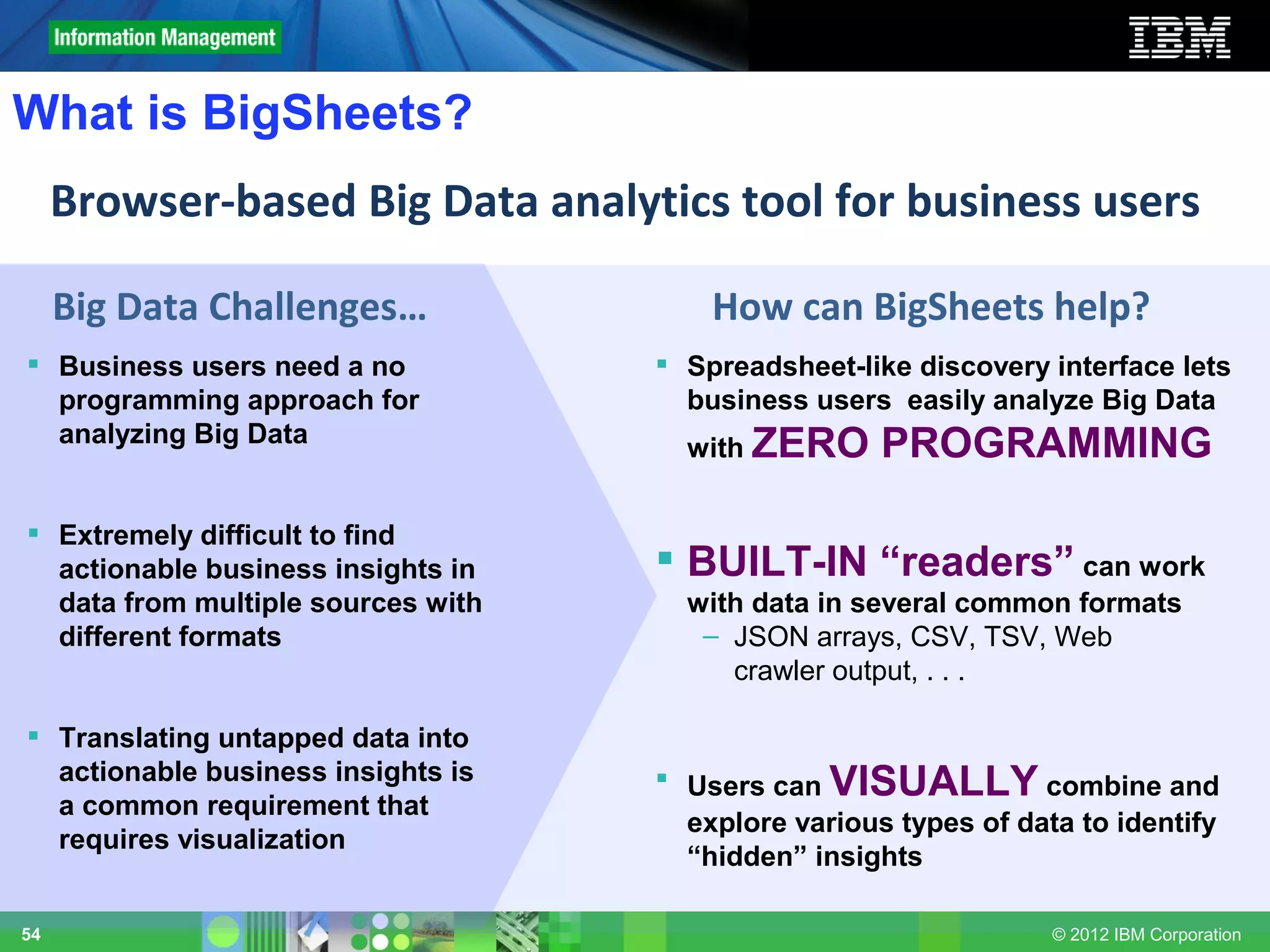 What is BigSheets?
     Browser-based Big Data analytics tool for business users

     Big Data Challenges…               How can BigSheets help?
 Business users need a no           Spreadsheet-like discovery interface lets
  programming approach for            business users easily analyze Big Data
  analyzing Big Data                  with ZERO      PROGRAMMING

 Extremely difficult to find
  actionable business insights in    BUILT-IN “readers” can work
  data from multiple sources with     with data in several common formats
  different formats                    – JSON arrays, CSV, TSV, Web
                                         crawler output, . . .

 Translating untapped data into
  actionable business insights is    Users can VISUALLY combine and
  a common requirement that
                                      explore various types of data to identify
  requires visualization
                                      “hidden” insights

54                                                                © 2012 IBM Corporation
 