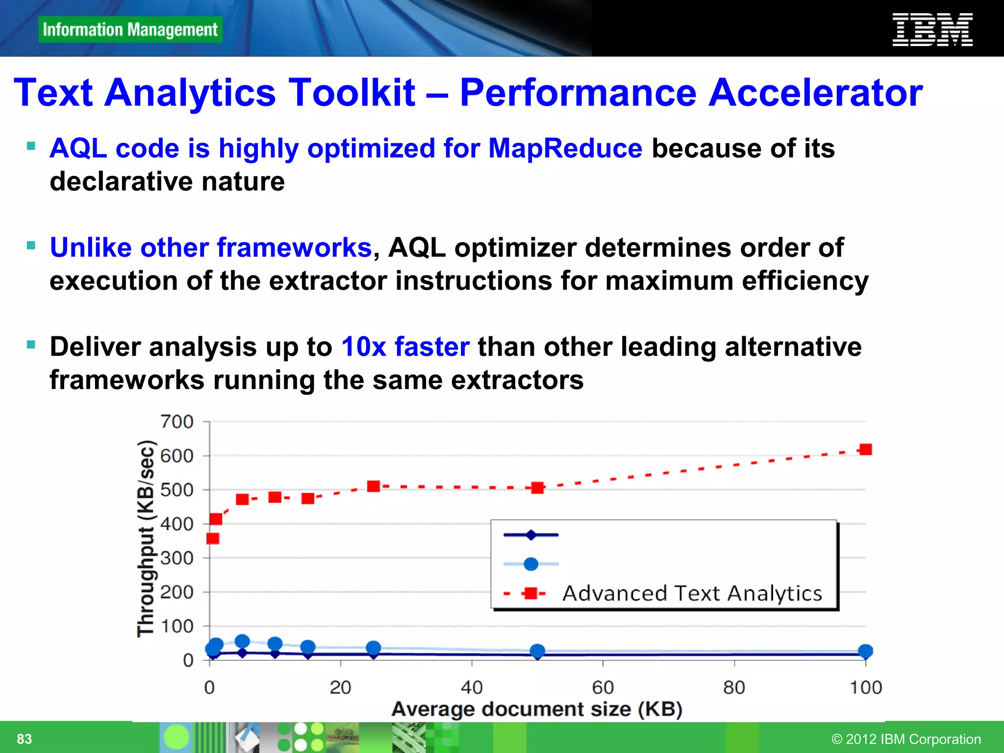 Text Analytics Toolkit – Performance Accelerator
  AQL code is highly optimized for MapReduce because of its
   declarative nature

  Unlike other frameworks, AQL optimizer determines order of
   execution of the extractor instructions for maximum efficiency

  Deliver analysis up to 10x faster than other leading alternative
   frameworks running the same extractors




83                                                              © 2012 IBM Corporation
 