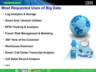 Most Requested Uses of Big Data
  Log Analytics & Storage

  Smart Grid / Smarter Utilities

  RFID Tracking & Analytics

  Fraud / Risk Management & Modeling

  360° View of the Customer

  Warehouse Extension

  Email / Call Center Transcript Analysis

  Call Detail Record Analysis

  +++
            23
23                                           © 2012 IBM Corporation
 