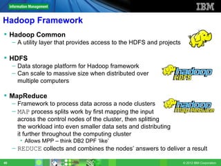 Hadoop Framework
 Hadoop Common
     – A utility layer that provides access to the HDFS and projects

 HDFS
     – Data storage platform for Hadoop framework
     – Can scale to massive size when distributed over
       multiple computers

 MapReduce
     – Framework to process data across a node clusters
     – MAP process splits work by first mapping the input
       across the control nodes of the cluster, then splitting
       the workload into even smaller data sets and distributing
       it further throughout the computing cluster
        • Allows MPP – think DB2 DPF ‘like’
     – REDUCE collects and combines the nodes’ answers to deliver a result

40                                                                     © 2012 IBM Corporation
 