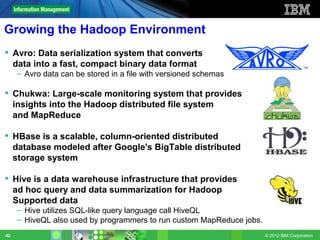 Growing the Hadoop Environment
 Avro: Data serialization system that converts
  data into a fast, compact binary data format
     – Avro data can be stored in a file with versioned schemas

 Chukwa: Large-scale monitoring system that provides
  insights into the Hadoop distributed file system
  and MapReduce

 HBase is a scalable, column-oriented distributed
  database modeled after Google's BigTable distributed
  storage system

 Hive is a data warehouse infrastructure that provides
  ad hoc query and data summarization for Hadoop
  Supported data
     – Hive utilizes SQL-like query language call HiveQL
     – HiveQL also used by programmers to run custom MapReduce jobs.
42                                                                     © 2012 IBM Corporation
 