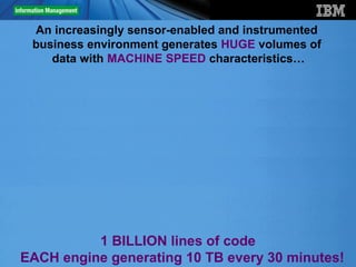 An increasingly sensor-enabled and instrumented
     business environment generates HUGE volumes of
        data with MACHINE SPEED characteristics…




              1 BILLION lines of code
5   EACH engine generating 10 TB every 30 minutes!
                                               © 2012 IBM Corporation
 