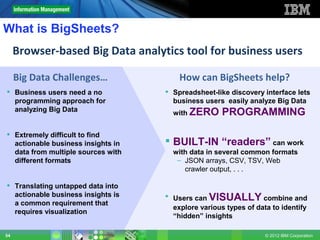 What is BigSheets?
     Browser-based Big Data analytics tool for business users

     Big Data Challenges…               How can BigSheets help?
 Business users need a no           Spreadsheet-like discovery interface lets
  programming approach for            business users easily analyze Big Data
  analyzing Big Data                  with ZERO      PROGRAMMING

 Extremely difficult to find
  actionable business insights in    BUILT-IN “readers” can work
  data from multiple sources with     with data in several common formats
  different formats                    – JSON arrays, CSV, TSV, Web
                                         crawler output, . . .

 Translating untapped data into
  actionable business insights is    Users can VISUALLY combine and
  a common requirement that
                                      explore various types of data to identify
  requires visualization
                                      “hidden” insights

54                                                                © 2012 IBM Corporation
 
