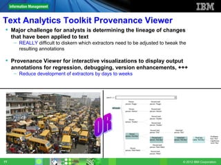 Text Analytics Toolkit Provenance Viewer
  Major challenge for analysts is determining the lineage of changes
   that have been applied to text
     – REALLY difficult to diskern which extractors need to be adjusted to tweak the
       resulting annotations

  Provenance Viewer for interactive visualizations to display output
   annotations for regression, debugging, version enhancements, +++
     – Reduce development of extractors by days to weeks




77                                                                                © 2012 IBM Corporation
 