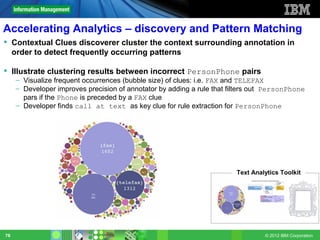 Accelerating Analytics – discovery and Pattern Matching
 Contextual Clues discoverer cluster the context surrounding annotation in
  order to detect frequently occurring patterns

 Illustrate clustering results between incorrect PersonPhone pairs
     – Visualize frequent occurrences (bubble size) of clues: i.e. FAX and TELEFAX
     – Developer improves precision of annotator by adding a rule that filters out PersonPhone
       pars if the Phone is preceded by a FAX clue
     – Developer finds call at text as key clue for rule extraction for PersonPhone




                                                                         Text Analytics Toolkit




78                                                                                © 2012 IBM Corporation
 