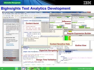 BigInsights Text Analytics Development


                                                           Difference
                  Content Assist                               Viewer




                                                                 Regular Expression Builder




                                              Context Sensitive Help
                                                                         Outline View

                                   Hyperlink Navigation



     Procedural
        Help                 Design Time Validation



81                                                                          © 2012 IBM Corporation
 