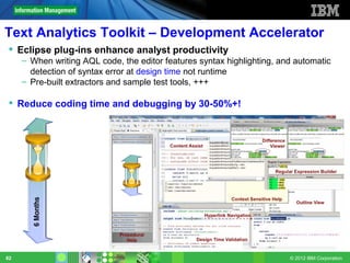 Text Analytics Toolkit – Development Accelerator
  Eclipse plug-ins enhance analyst productivity
     – When writing AQL code, the editor features syntax highlighting, and automatic
       detection of syntax error at design time not runtime
     – Pre-built extractors and sample test tools, +++

  Reduce coding time and debugging by 30-50%+!




82                                                                       © 2012 IBM Corporation
 