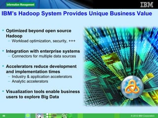 IBM’s Hadoop System Provides Unique Business Value

 Optimized beyond open source
  Hadoop
     – Workload optimization, security, +++

 Integration with enterprise systems
     – Connectors for multiple data sources

 Accelerators reduce development
  and implementation times
     – Industry & application accelerators
     – Analytic accelerators

 Visualization tools enable business
  users to explore Big Data



88                                            © 2012 IBM Corporation
 