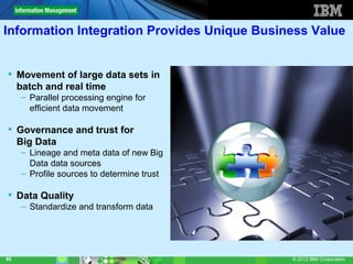 Information Integration Provides Unique Business Value


 Movement of large data sets in
  batch and real time
     – Parallel processing engine for
       efficient data movement

 Governance and trust for
  Big Data
     – Lineage and meta data of new Big
       Data data sources
     – Profile sources to determine trust

 Data Quality
     – Standardize and transform data




95                                           © 2012 IBM Corporation
 