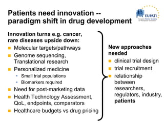 Patients need innovation --
paradigm shift in drug development
Innovation turns e.g. cancer,
rare diseases upside down:
 Molecular targets/pathways             New approaches
 Genome sequencing,
                                         needed
  Translational research                  clinical trial design
 Personalized medicine                   trial recruitment
    • Small trial populations             relationship
    • Biomarkers required                  between
   Need for post-marketing data           researchers,
   Health Technology Assessment,          regulators, industry,
    QoL, endpoints, comparators            patients
   Healthcare budgets vs drug pricing
 