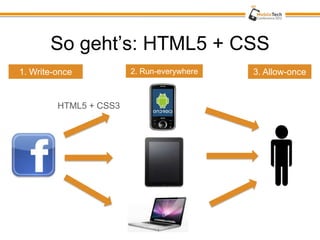 So geht’s: HTML5 + CSS
1. Write-once           2. Run-everywhere   3. Allow-once


         HTML5 + CSS3
 