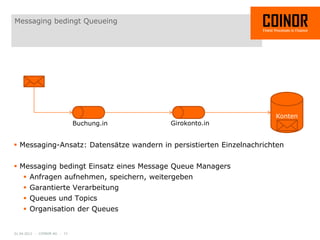 Messaging bedingt Queueing




                                                                      Konten
                              Buchung.in   Girokonto.in


 Messaging-Ansatz: Datensätze wandern in persistierten Einzelnachrichten


 Messaging bedingt Einsatz eines Message Queue Managers
     Anfragen aufnehmen, speichern, weitergeben
     Garantierte Verarbeitung
     Queues und Topics
     Organisation der Queues


01.04.2012 - COINOR AG - 11
 