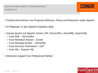 Kommerzielle Apache Produktanbieter
FuseSource



 Tochterunternehmen von Progress Software, Fokus auf Enterprise ready Apache


 25 Mitglieder in den Apache Projekten tätig


 Lösung basiert auf Apache Camel, CXF, ServiceMix, ActiveMQ, HypericHQ
     Fuse ESB – ServiceMix
     Fuse Mediation Router - Camel
     Fuse Message Broker – ActiveMQ
     Fuse Services Framework - CXF
     Fuse HQ – Hyperic HQ


 Enterprise Support bei Professional Edition




01.04.2012 - COINOR AG - 28
 