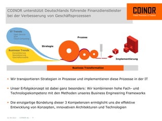 COINOR unterstützt Deutschlands führende Finanzdienstleister
bei der Verbesserung von Geschäftsprozessen



  IT Trends
      Open Source
      SOA
                                            Prozess
      Cloud Computing
      …


                             Strategie
 Business Trends
     Konsolidierung
     Spezialisierung
     Geschäftsmodelle
     …                                                             Implementierung


                                         Business Transformation




 Wir transportieren Strategien in Prozesse und implementieren diese Prozesse in der IT

 Unser Erfolgskonzept ist dabei ganz besonders: Wir kombinieren hohe Fach- und
  Technologiekompetenz mit den Methoden unseres Business Engineering Frameworks

 Die einzigartige Bündelung dieser 3 Kompetenzen ermöglicht uns die effektive
  Entwicklung von Konzepten, innovativen Architekturen und Technologien


01.04.2012 - COINOR AG - 4
 