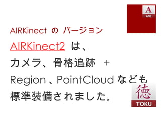 AIRKinect の バージョン

AIRKinect2 は、
カメラ、骨格追跡 +
Region ､ PointCloud なども
標準装備されました｡
 