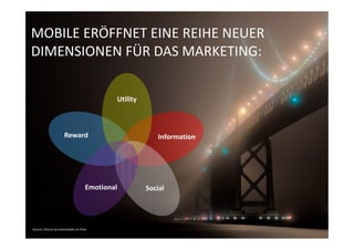 MOBILE ERÖFFNET EINE REIHE NEUER
DIMENSIONEN FÜR DAS MARKETING:


                                              Utility



                       Reward                              Information




                                      Emotional         Social




Source: Picture by exxonvaldez on flickr
 
