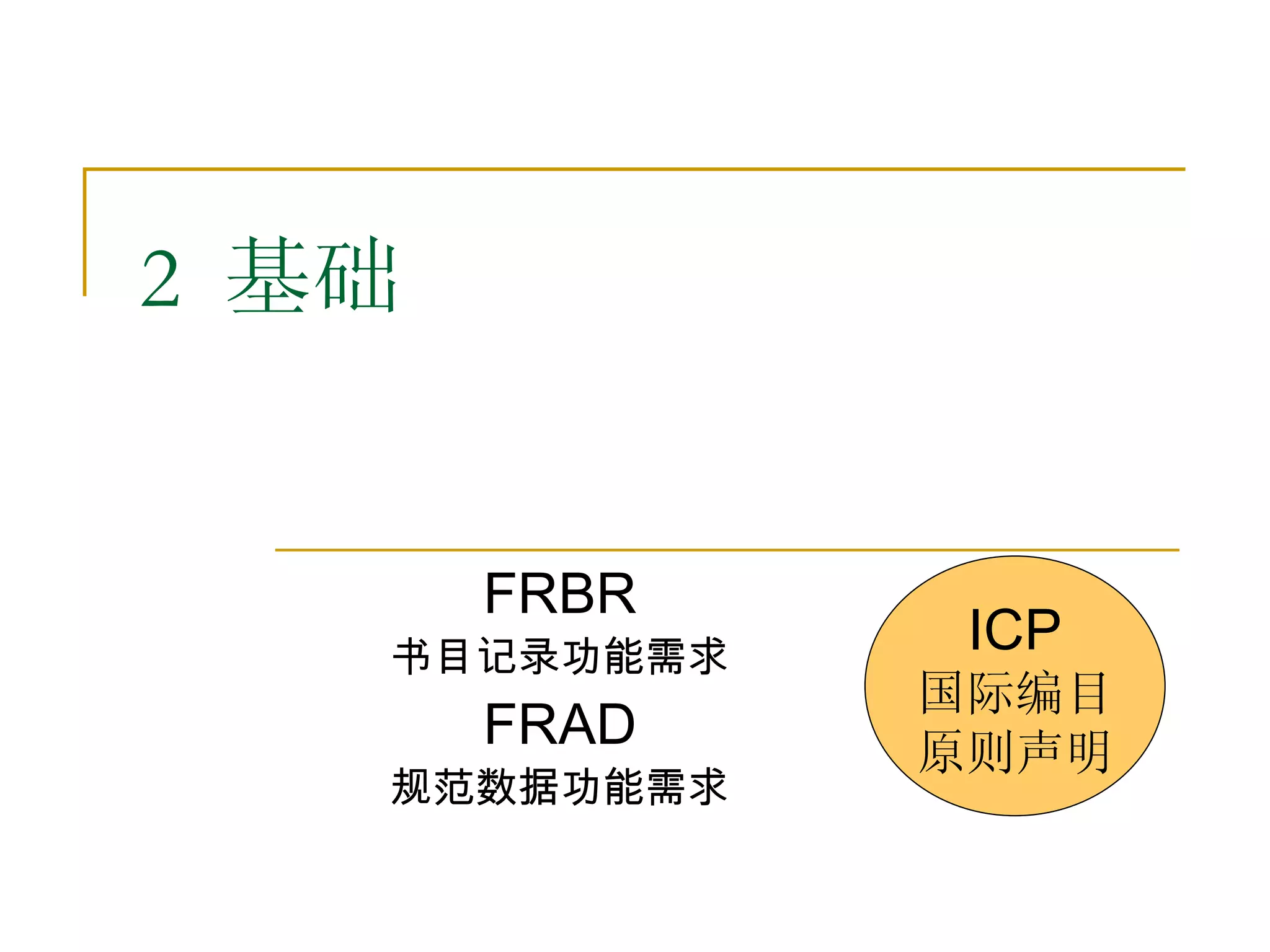 2 基础


       FRBR
   书目记录功能需求
               ICP
              国际编目
       FRAD   原则声明
   规范数据功能需求
 