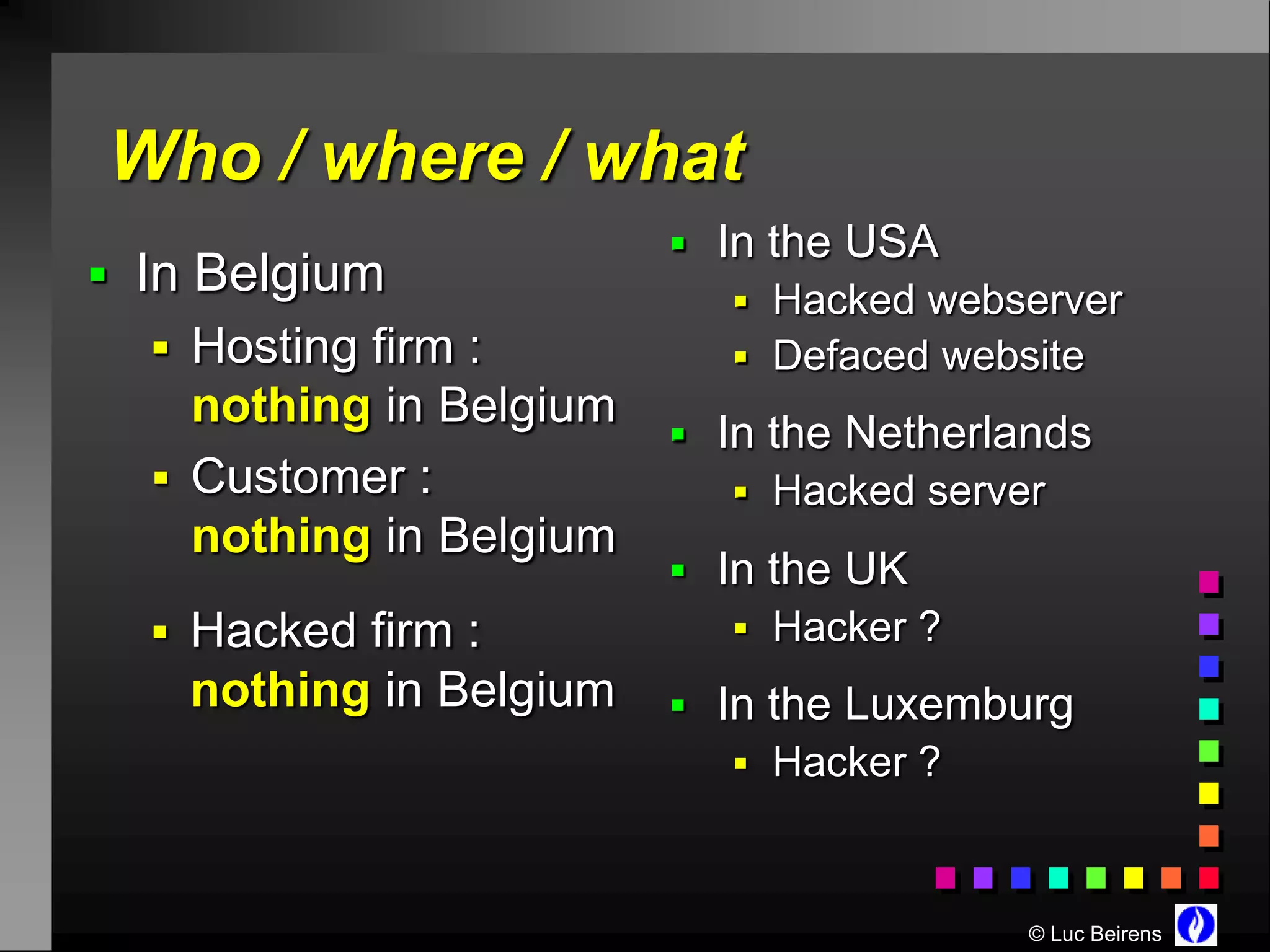 Who / where / what
                          In the USA
 In Belgium
                             Hacked webserver
   Hosting firm :           Defaced website
    nothing in Belgium
                          In the Netherlands
   Customer :               Hacked server
    nothing in Belgium
                          In the UK
   Hacked firm :            Hacker ?
    nothing in Belgium    In the Luxemburg
                             Hacker ?



                                          © Luc Beirens
 