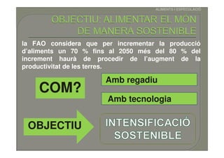 ALIMENTS I ESPECULACIÓ




la FAO considera que per incrementar la producció
d’aliments un 70 % fins al 2050 més del 80 % del
increment haurà de procedir de l’augment de la
productivitat de les terres.

                      Amb regadiu
    COM?
                       Amb tecnologia


 OBJECTIU
 