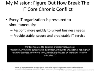 My Mission: Figure Out How Break The
          IT Core Chronic Conflict
    • Every IT organization is pressured to
      simultaneously:
      – Respond more quickly to urgent business needs
      – Provide stable, secure and predictable IT service

                       Words often used to describe process improvement:
      “hysterical, irrelevant, bureaucratic, bottleneck, difficult to understand, not aligned
        with the business, immature, shrill, perpetually focused on irrelevant technical
                                            minutiae…”



           Source: The authors acknowledge Dr. Eliyahu Goldratt, creator of the Theory of Constraints and author of The Goal, has written
           extensively on the theory and practice of identifying and resolving core, chronic conflicts.
3
                                                                                           @RealGeneKim, genek@realgenekim.me
 