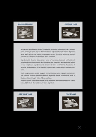 14
Active Value Advisors è una società di consulenza direzionale indipendente che si propone
come partner per quelle imprese che necessitano di rafforzare il proprio sistema di governo
e per quelle aziende che vogliono intraprendere percorsi di crescita, attraverso soluzioni
coerenti con l’obiettivo di Creazione di Valore sostenibile.
I professionisti di Active Value Advisors hanno un’esperienza pluriennale nell’assistere i
principali gruppi quotati italiani nello sviluppo di Piani Industriali, nella definizione di azio-
ni tese a migliorare la performance di Creazione di Valore e nell’attività di assistenza al
processo di cambiamento che le dinamiche competitive e le opportunità di mercato richie-
dono.
Nello svolgimento dei mandati assegnati viene utilizzato un unico linguaggio professionale
che si declina in servizi afferenti a tematiche di gestione diverse: lo Shareholder Value, il
Customer Value, il People Value, il Corporate Value.
Ciascun centro di competenza risponde ad una dimensione gestionale fondamentale, l’Azio-
nista, il Cliente, le Risorse Interne, il Valore degli Asset.
SHAREHOLDER VALUE CUSTOMER VALUE
CORPORATE VALUE PEOPLE VALUE
 