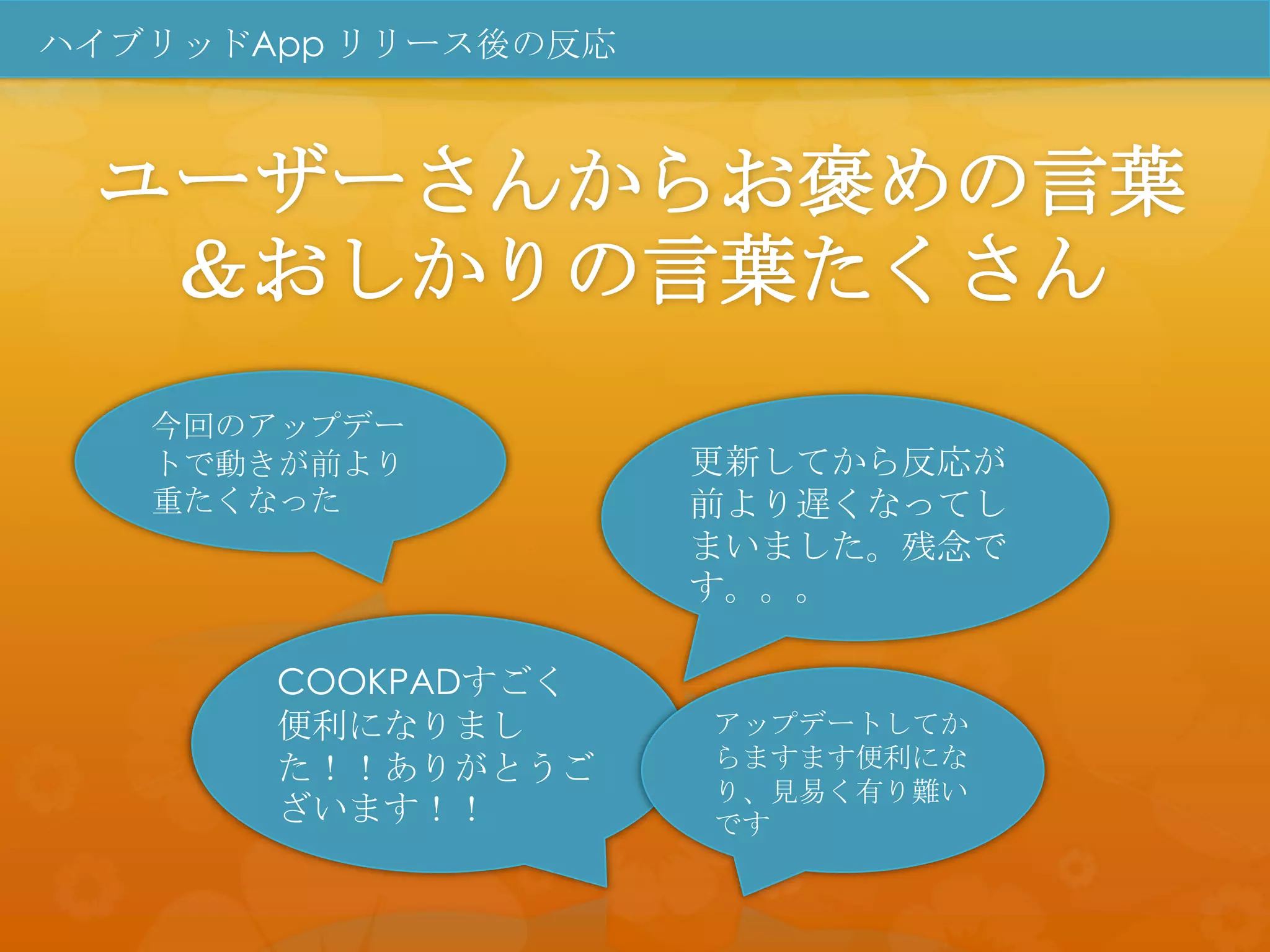 ハイブリッドApp リリース後の反応



 ユーザーさんからお褒めの言葉
  ＆おしかりの言葉たくさん
   今回のアップデー
   トで動きが前より          更新してから反応が
   重たくなった            前より遅くなってし
                     まいました。残念で
                     す。。。

       COOKPADすごく
       便利になりまし       アップデートしてか
       た！！ありがとうご     らますます便利にな
                     り、見易く有り難い
       ざいます！！        です
 