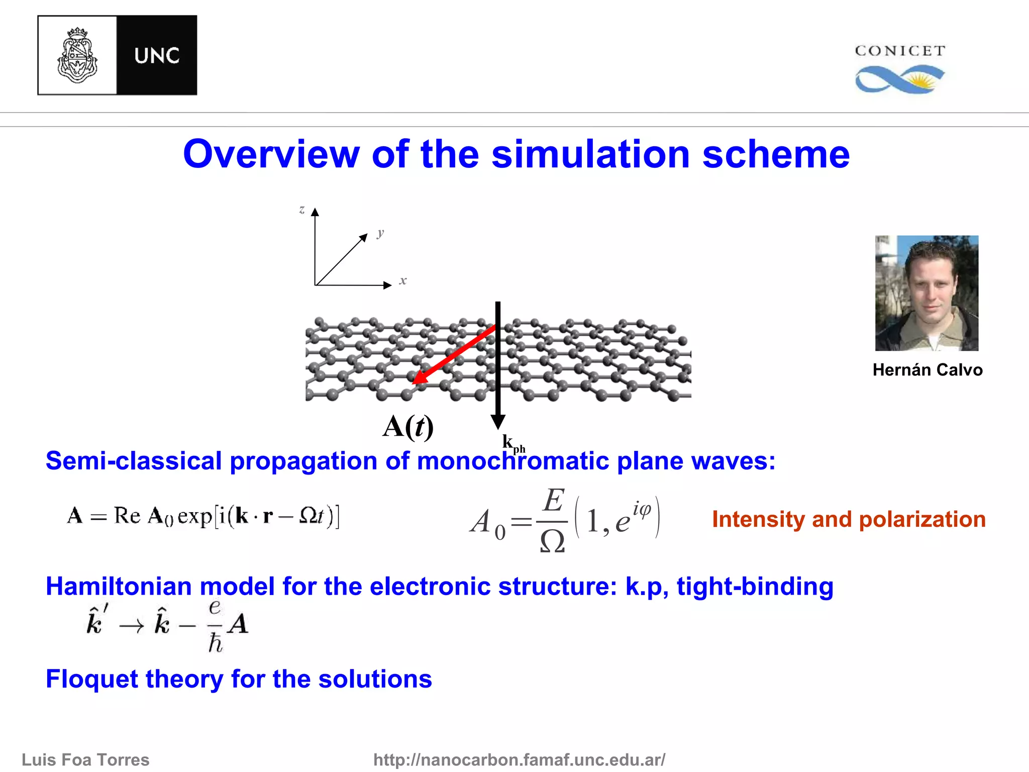 Overview of the simulation scheme
                       z
                             y


                                 x




                                                                                  Hernán Calvo


                              A(t)          kph
  Semi-classical propagation of monochromatic plane waves:
                                                  E
                                        A 0=        ( 1, e iφ )    Intensity and polarization
                                                  Ω
  Hamiltonian model for the electronic structure: k.p, tight-binding


  Floquet theory for the solutions


Luis Foa Torres              http://nanocarbon.famaf.unc.edu.ar/
 