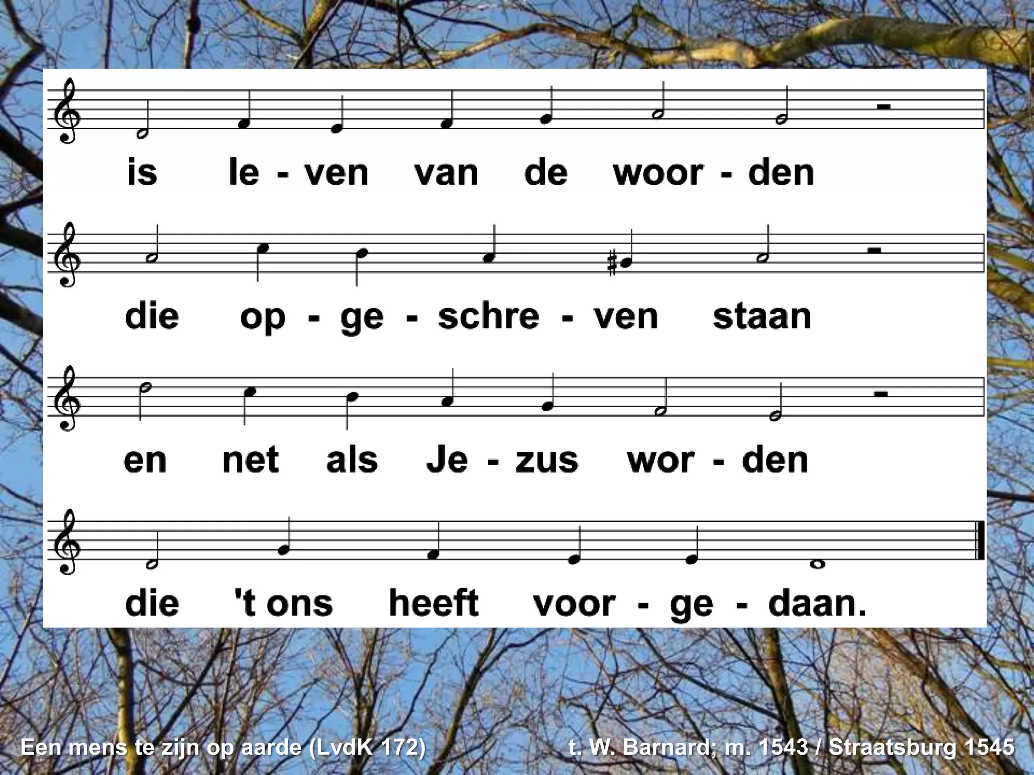 Een mens te zijn op aarde (LvdK 172)   t. W. Barnard; m. 1543 / Straatsburg 1545
 