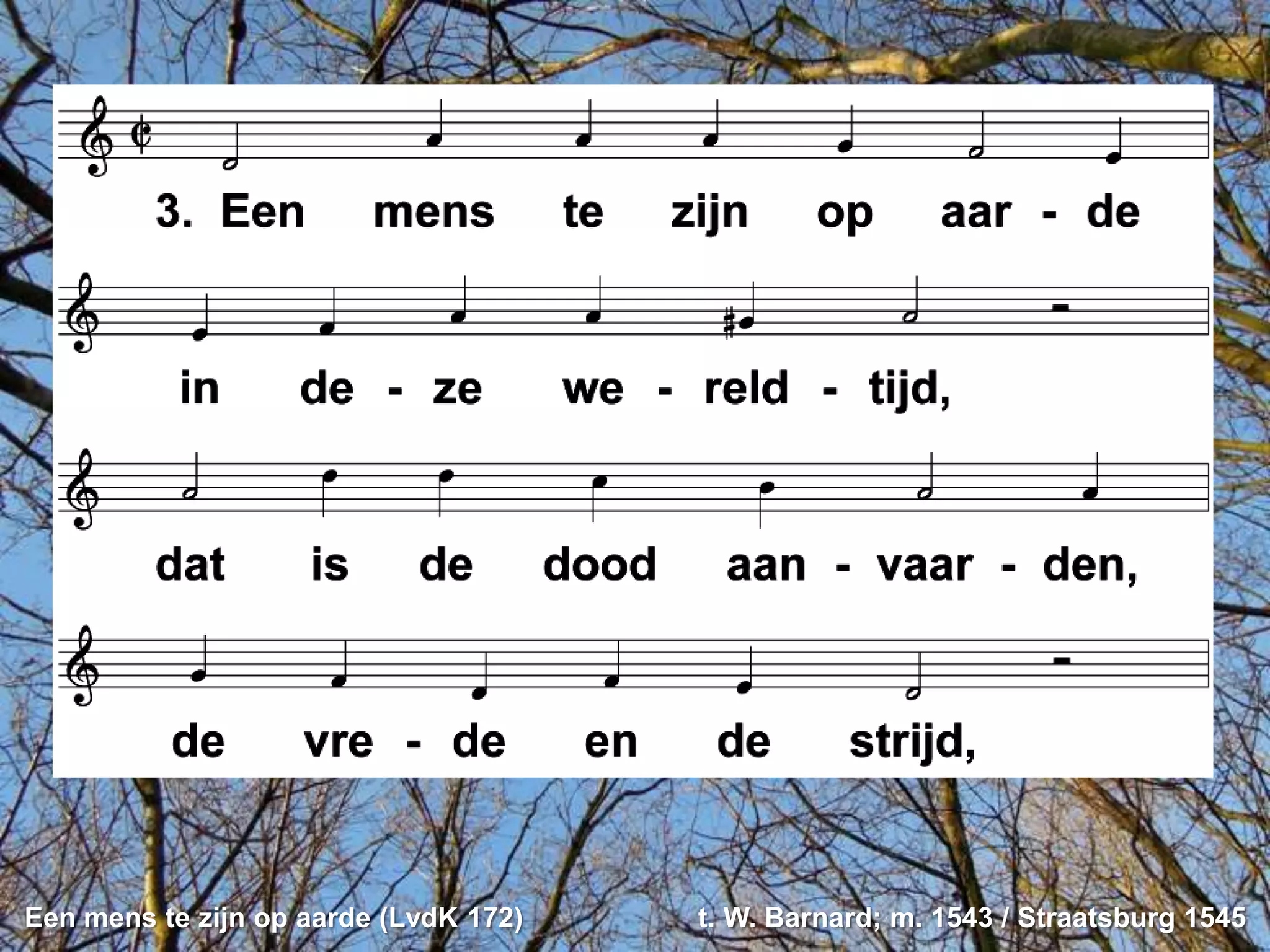 Een mens te zijn op aarde (LvdK 172)   t. W. Barnard; m. 1543 / Straatsburg 1545
 