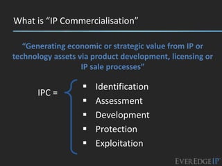 What is “IP Commercialisation”

   “Generating economic or strategic value from IP or
technology assets via product development, licensing or
                   IP sale processes”

                      Identification
      IPC =
                      Assessment
                      Development
                      Protection
                      Exploitation
 