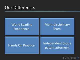 Our Difference.


   World Leading      Multi-disciplinary
    Experience.            Team.



                      Independent (not a
 Hands On Practice.
                       patent attorney).
 