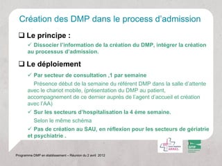 Création des DMP dans le process d’admission
  Le principe :
        Dissocier l’information de la création du DMP, intégrer la création
       au processus d’admission.

  Le déploiement
        Par secteur de consultation ,1 par semaine
         Présence début de la semaine du référent DMP dans la salle d’attente
       avec le chariot mobile, (présentation du DMP au patient,
       accompagnement de ce dernier auprès de l’agent d’accueil et création
       avec l’AA)
        Sur les secteurs d’hospitalisation la 4 éme semaine.
           Selon le même schéma
        Pas de création au SAU, en réflexion pour les secteurs de gériatrie
       et psychiatrie .


Programme DMP en établissement – Réunion du 2 avril 2012
 