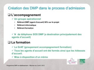 Création des DMP dans le process d’admission
  L’accompagnement
        Un groupe opérationnel
           •   Référent DMP (agent d’accueil) 50% sur le projet
           •   Référent informatique
           •   Référent formation


        N de téléphone SOS DMP (a destination principalement des
       agents d’accueil)

  La formation
        Le GrAF (groupement accompagnement formation)
        Tous les agents d’accueil ont été formés ainsi que les hôtesses
       d’accueil.
        Mise à disposition d’un mémo


Programme DMP en établissement – Réunion du 2 avril 2012
 