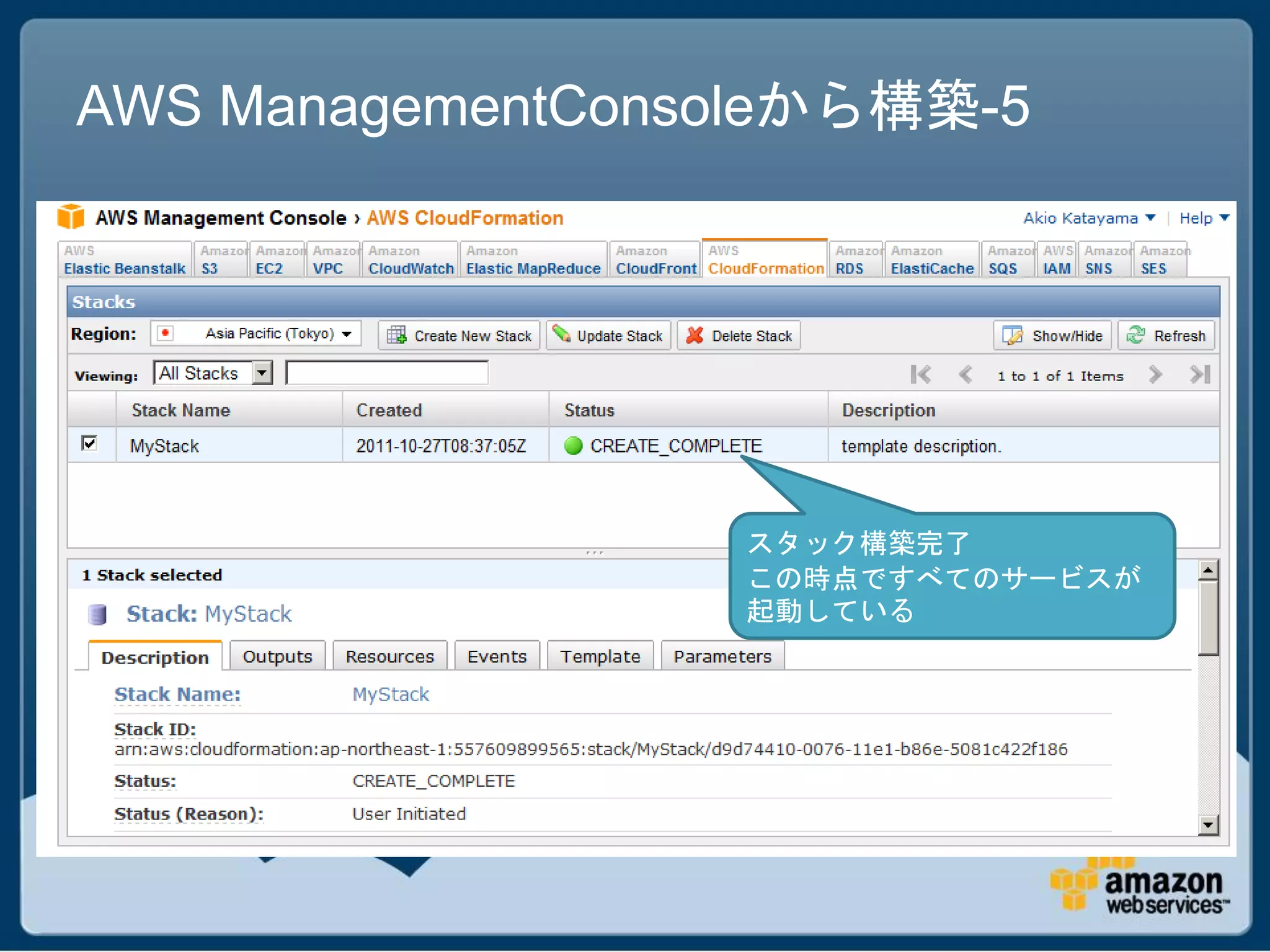 AWS ManagementConsoleから構築-5




                  スタック構築完了
                  この時点ですべてのサービスが
                  起動している
 