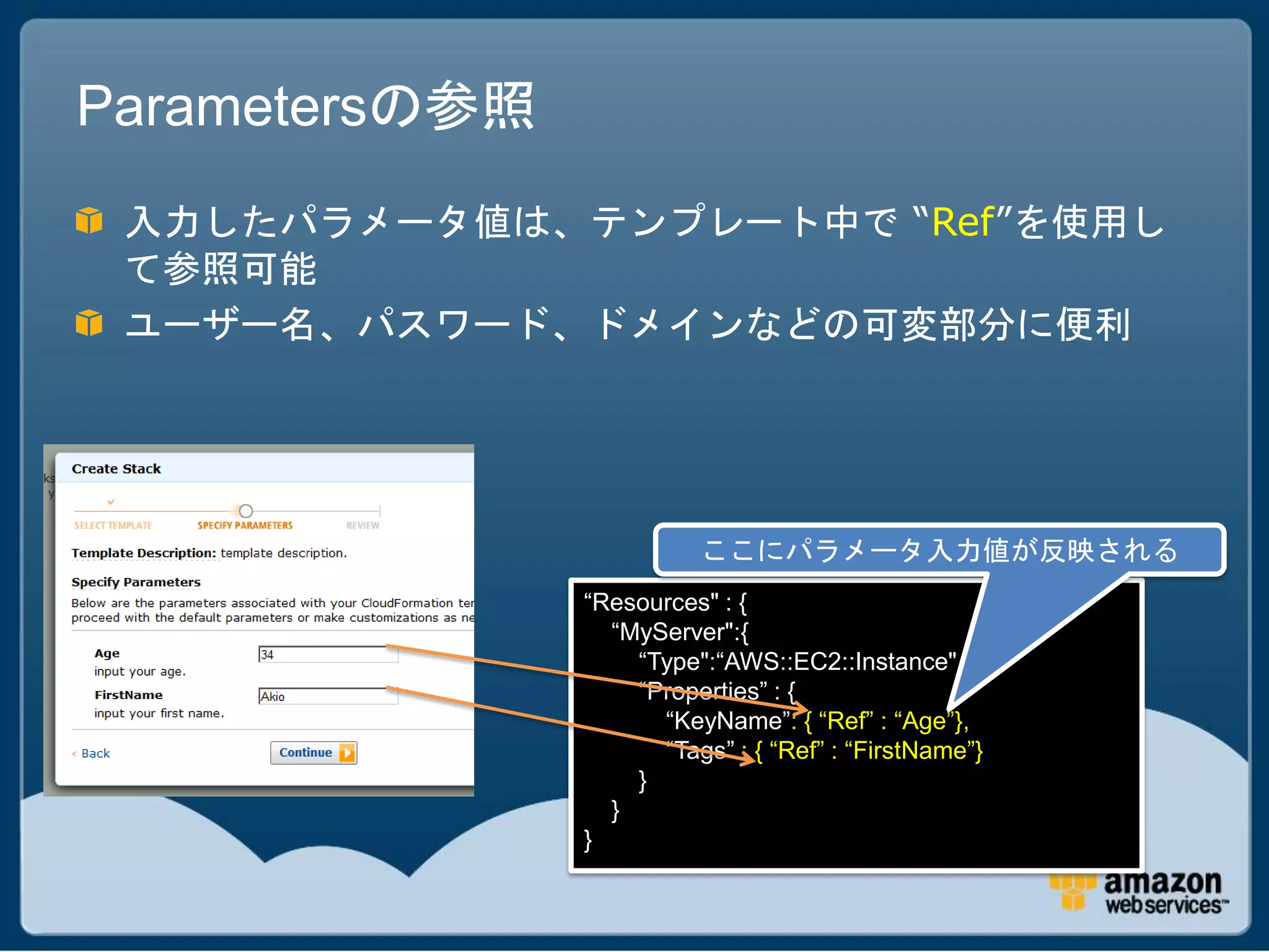 Parametersの参照
 入力したパラメータ値は、テンプレート中で “Ref”を使用し
 て参照可能
 ユーザー名、パスワード、ドメインなどの可変部分に便利




                          ここにパラメータ入力値が反映される
                “Resources" : {
                  “MyServer":{
                    “Type":“AWS::EC2::Instance",
                    “Properties” : {
                      “KeyName”: { “Ref” : “Age”},
                      “Tags” : { “Ref” : “FirstName”}
                    }
                  }
                }
 