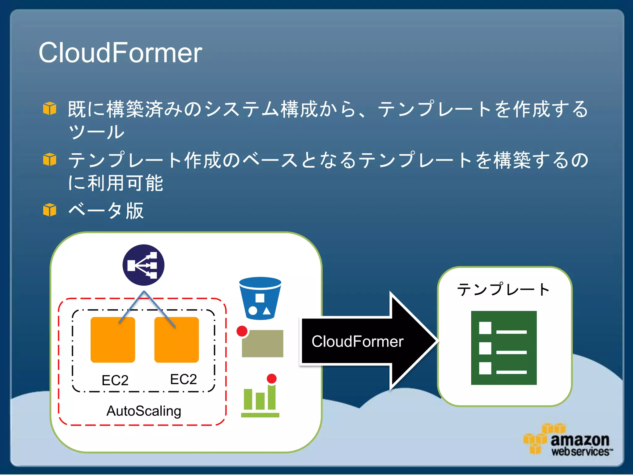 CloudFormer
 既に構築済みのシステム構成から、テンプレートを作成する
 ツール
 テンプレート作成のベースとなるテンプレートを構築するの
 に利用可能
 ベータ版



                                 テンプレート


                   CloudFormer

    EC2      EC2

    AutoScaling
 