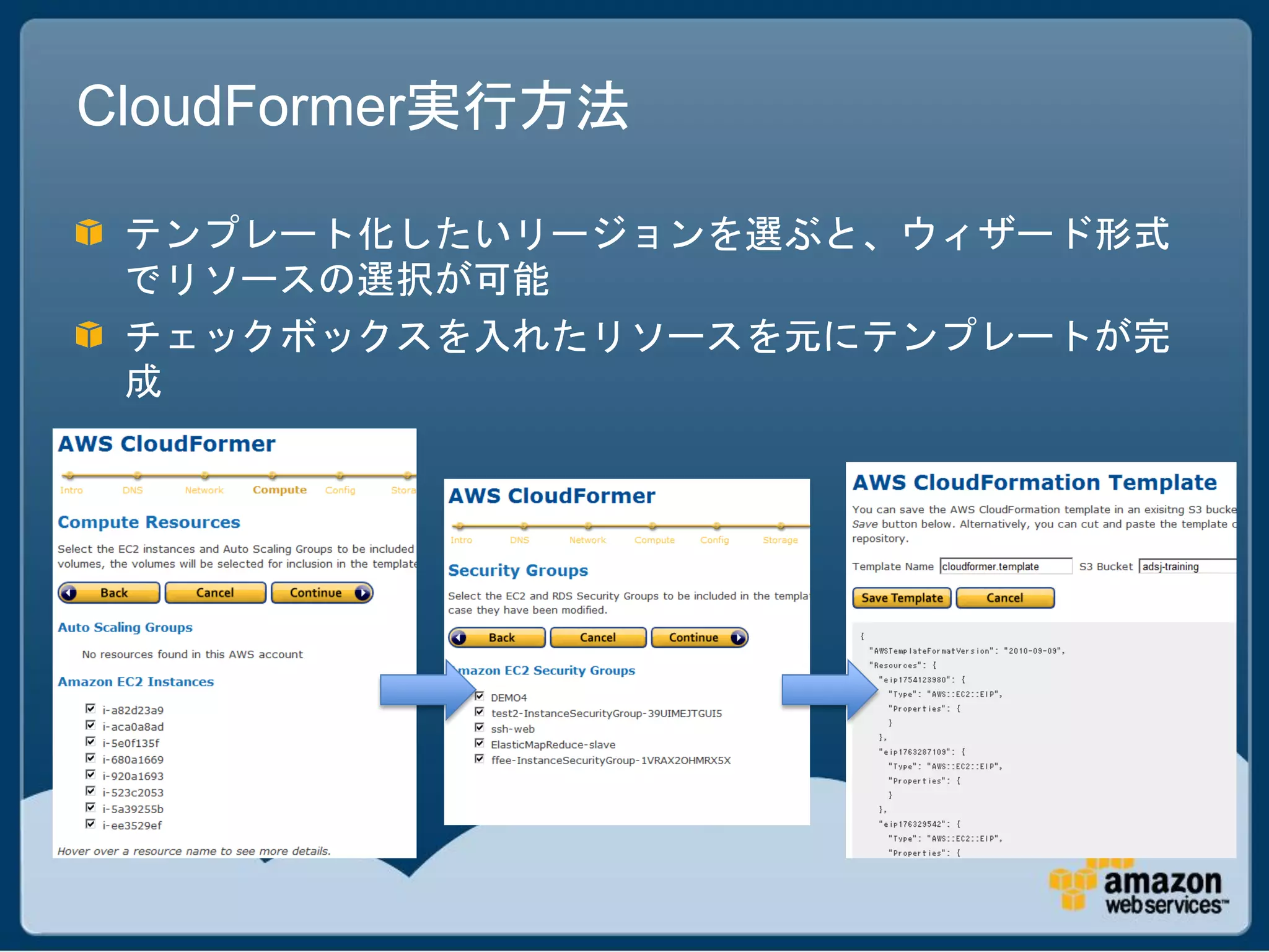 CloudFormer実行方法

 テンプレート化したいリージョンを選ぶと、ウィザード形式
 でリソースの選択が可能
 チェックボックスを入れたリソースを元にテンプレートが完
 成
 
