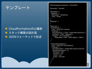 {
                         "AWSTemplateFormatVersion" : "2010-09-09",

テンプレート                   "Description" : “Sample",

                         "Parameters" : {
                           "KeyName" : {
                             "Description" : “Sample key,
                             "Type" : "String"
                           }
                         },
                         "Mappings" : {
                         },

                         "Resources" : {

CloudFormationの心臓部
                          "Ec2Instance" : {
                            "Type" : "AWS::EC2::Instance",
                            "Properties" : {
スタック構築の設計図                    "SecurityGroups" : [ { "Ref" : "InstanceSecurityGroup" } ],
                              "KeyName" : { "Ref" : "KeyName" },

JSONフォーマットで記述
                              "ImageId" : { "Fn::FindInMap" : [
                                  "RegionMap", { "Ref" : "AWS::Region" }, "AMI" ]}
                            }
                          },

                             "InstanceSecurityGroup" : {
                               "Type" : "AWS::EC2::SecurityGroup",
                               "Properties" : {
                                 "GroupDescription" : "Enable SSH access via port 22",
                                 "SecurityGroupIngress" : [ {
                                  "IpProtocol" : "tcp",
                                  "FromPort" : "22",
                                  "ToPort" : "22",
                                  "CidrIp" : "0.0.0.0/0"
                                 }]
                               }
                             }
                         }
                     }
 
