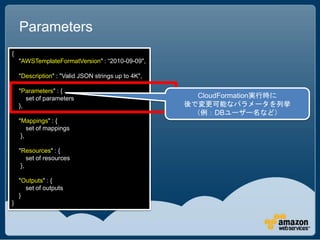 Parameters
{
    "AWSTemplateFormatVersion" : “2010-09-09",

    "Description" : "Valid JSON strings up to 4K",

    "Parameters" : {
       set of parameters                               CloudFormation実行時に
    },                                               後で変更可能なパラメータを列挙
                                                      （例：DBユーザー名など）
    "Mappings" : {
        set of mappings
     },

    "Resources" : {
        set of resources
     },

    "Outputs" : {
      set of outputs
    }
}
 