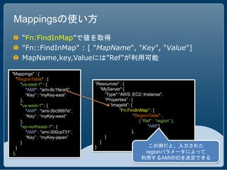 Mappingsの使い方
     “Fn:FindInMap”で値を取得
     "Fn::FindInMap" : [ "MapName", "Key", "Value"]
     MapName,key,Valueには”Ref”が利用可能

"Mappings" : {
   "RegionTable" : {
     "us-east-1" : {              “Resources" : {
        "AMI" : "ami-8c1fece5“,     “MyServer":{
        “Key” : “myKey-east”          “Type":“AWS::EC2::Instance",
     },                               “Properties” : {
     "us-west-1" : {                    “ImageId”: {
                                      “Fn::FindInTemplate”
        "AMI" : "ami-3bc9997e“,               “Fn:FindInMap” : [
        “Key” : “myKey-west”                          “RegionTable” ,
     },                                                  { “Ref” : “region” },
     "ap-northeast-1" : {                                     “AMI”]
        "AMI" : "ami-300ca731“,                      },
        “Key” : “myKey-japan”         }
     }                              }
   }                              }                           この例だと、入力された
 },                                                  regionパラメータによって
                                                    利用するAMIのIDを決定できる
 